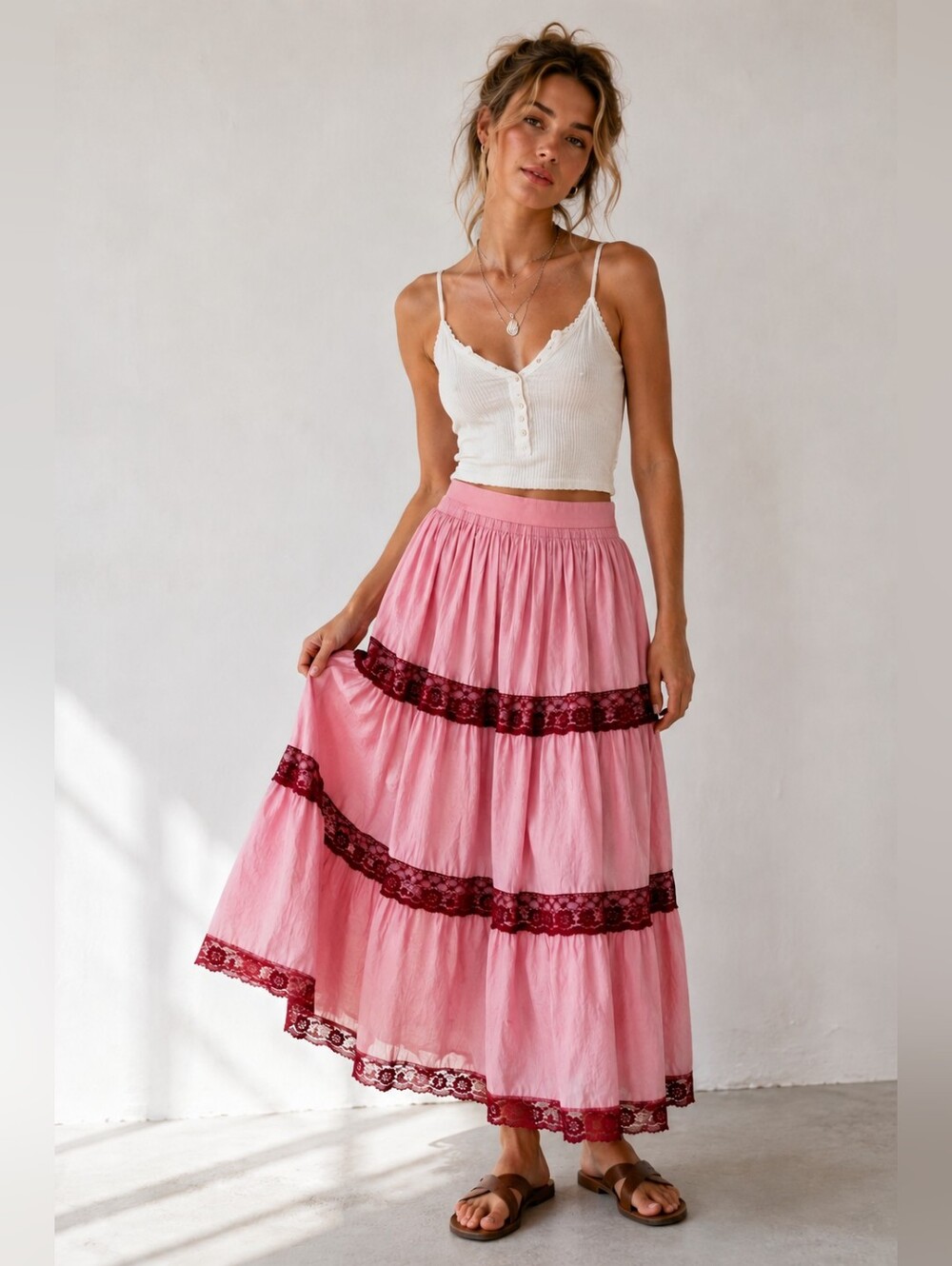 Vintage Pink Prairie Lace Tiered Midi Skirt Cottagecore Boho Small